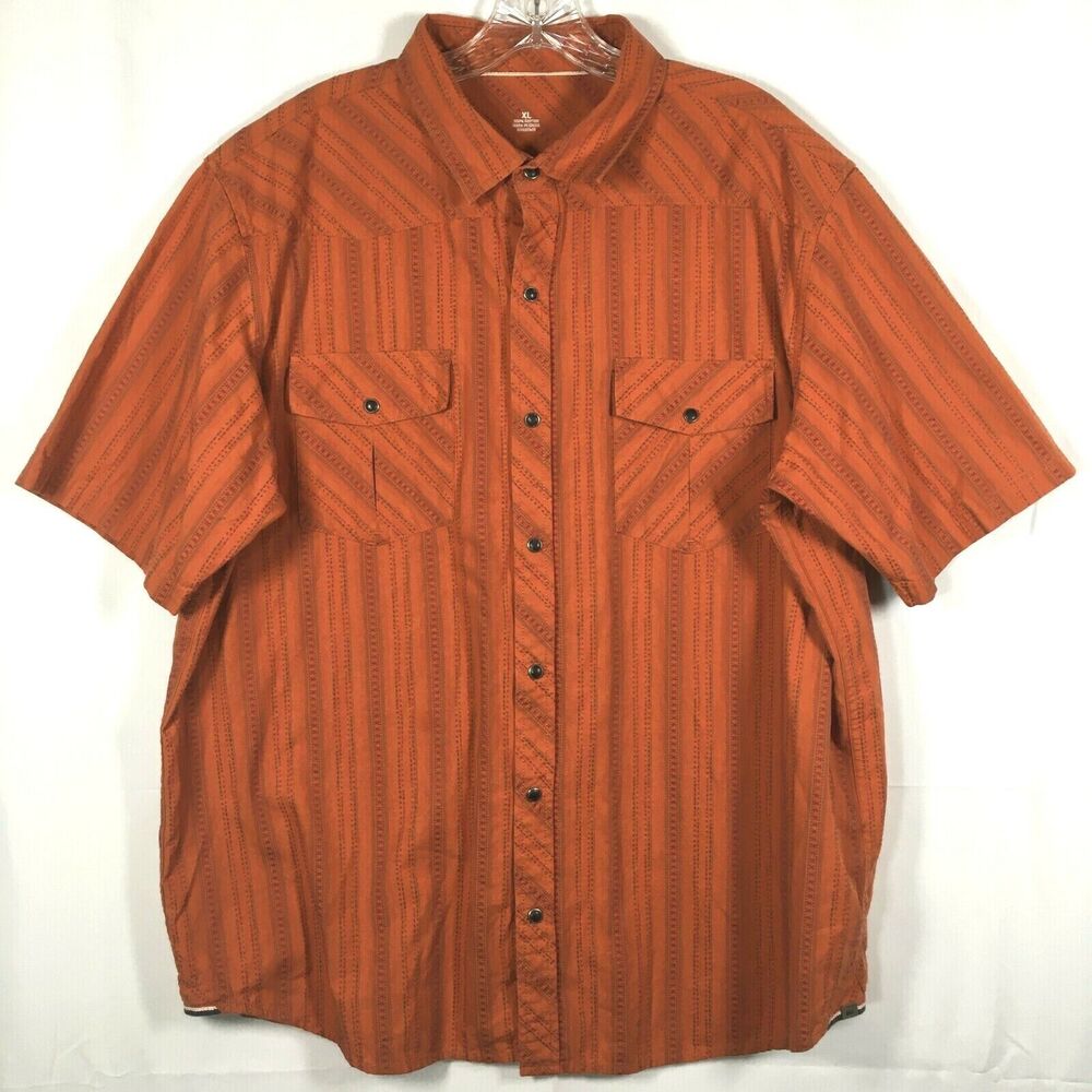 REI Shirt Mens Sz XL Orange 100% Cotton Short Sleeve‎ Button Up Western Snap